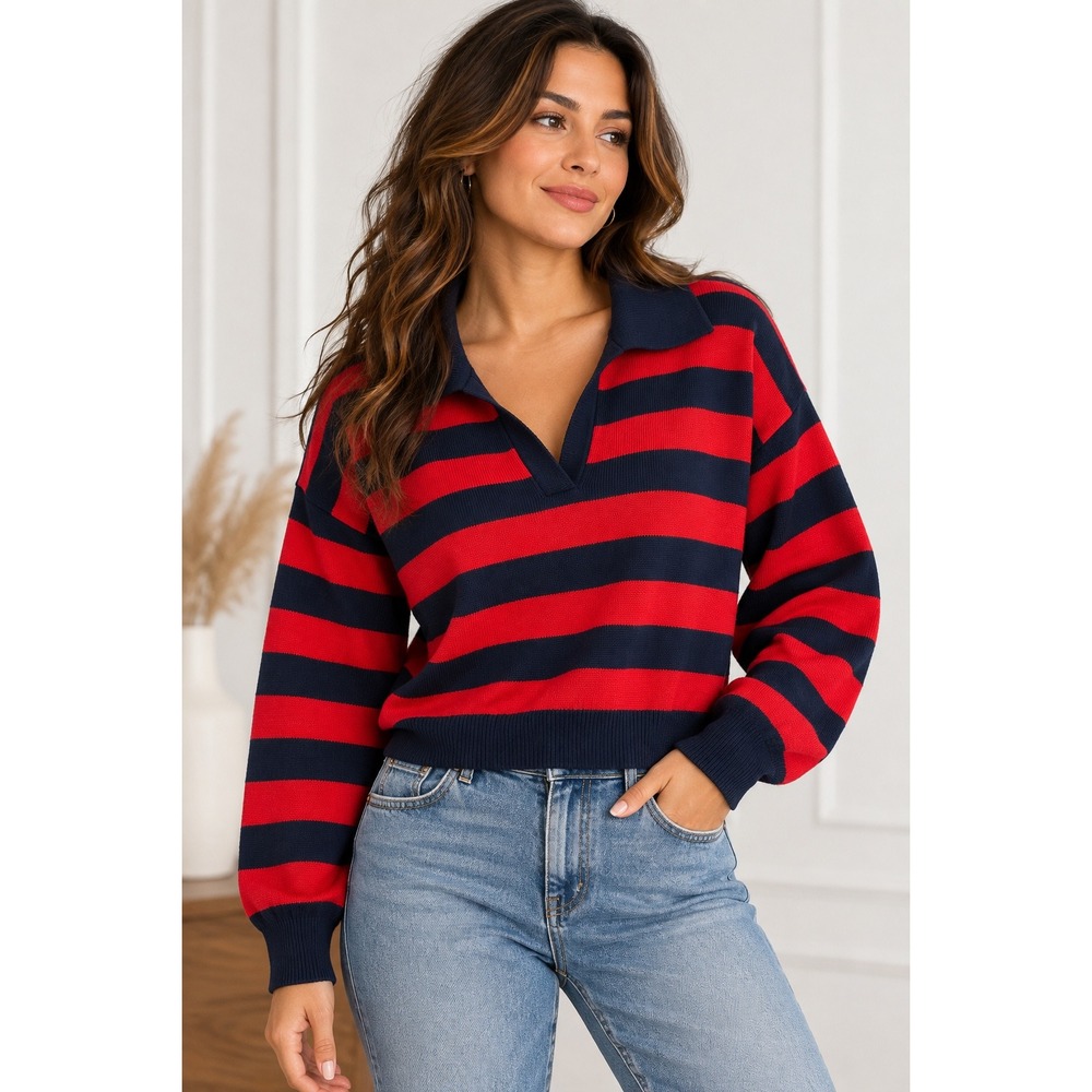 Hippie Rose Striped Polo Sweater Red Navy Blue Cropped Rugby Preppy Aesthetic